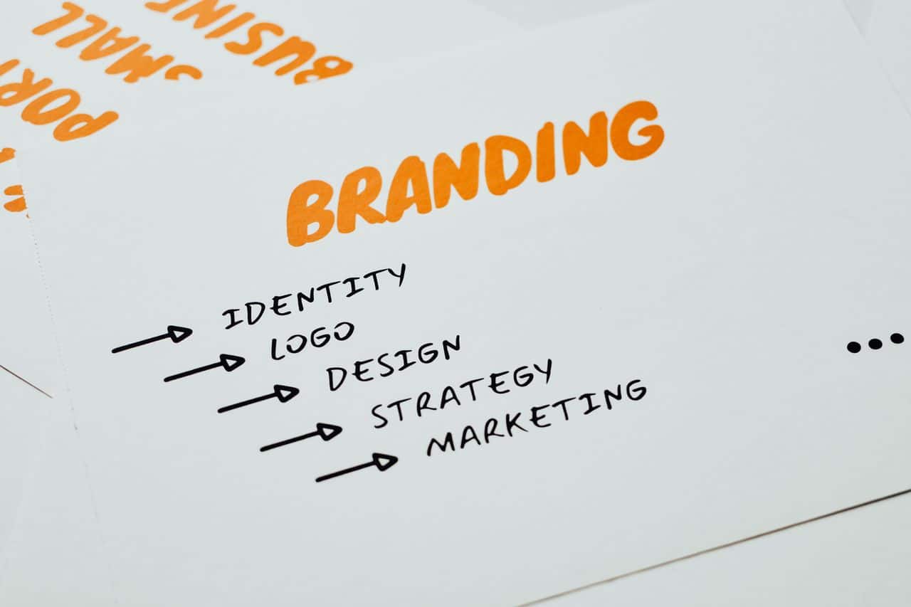 Close-up of a paper with branding, identity, design, strategy, and marketing concepts in orange and black.